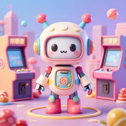 cute elaborate robot, candy colors, pinball machine parts, symmetrical, in a city made of arcade machines and candy, octane render, 3 d model, detailed by pokedstudio