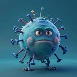 a full studio shot of a virus as a pixar character against a dark cyan backdrop. character study.