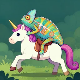 rainbow furred chameleon riding an unicorn, fantasy drawing