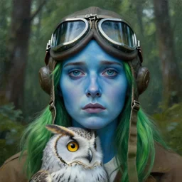 an owl and a woman, close up portrait, ww 2 pilot goggles, fine facial features, symmetrical, sad, blue skin, green hair, in a forrest, inspired by edward hopper and grand budapest hotel, high resolution, octane render, high detailed masterpiece painting