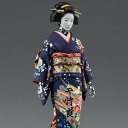 full body portrait of a japanese robot geisha with kanji tattoos and decals wearing a digital pixelated kimono, intricate design, photorealistic, octane render, raytraced, ultra fine detailed, character design, trending on artstation