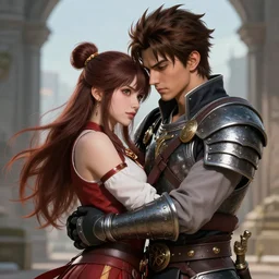 a beautiful female and male warrior embrace, 8 k, hyperrealistic, dragon slayer, hyperdetailed, fantasy portrait by laura sava