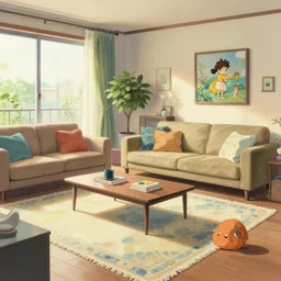 a modern livingroom, natural lighting, playful color scheme, intricate details, matte painting, illustration, by hayao miyazaki