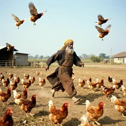 divine running in a farm, some chickens flyingaround, divine as principal character, kodachrome taken with contax g 1, vivid colours
