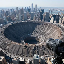 a large nuclear crater in manhattan, realistic, taken on a ww 3 camera.