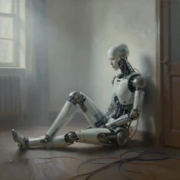 a cyborg sitting on the floor, inside an old apartment, cybernetic parts and wires scattered across the floor, dystopian aesthetics, detailed oil painting, misty, ethereal, dramatic lighting, ominous, by craig mullins and ruan jia and jeremy mann