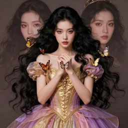 beautiful princess in gold and purple pink dress, black hair, butterflies in her hands, soft lighting, symmetrical portrait, high quality, cinematic by WLOP and Rossdraws, concept art of character. Epic composition, hyperrealism, award winning artwork, realistic hair, artstation trend, high quality print, fine art with subtle redshift rendering,