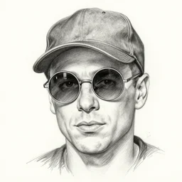small circle!!! round!!!! sunglasses j scott campbell!!! pencil sketch by j scott campbell close up headshot of jean reno wearing circle!! round!! sunglasses and a cap in the style of jim lee