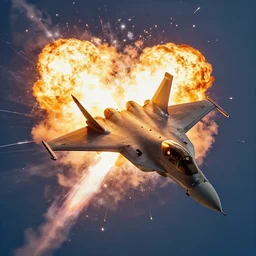 cinematic areal shot of a fighter jet exploding from the laser energy wawe concept art