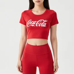 suzu Hirose wearing crop red Coca Cola gym top with white Lettering, cropped red yoga short, photograph, masterwork