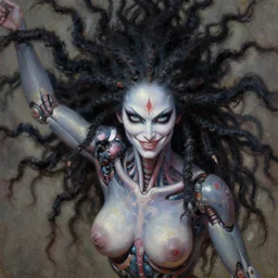 beautiful biomechanical goddess kali, flowing dreadlock hair, intense stare, sweet sarcastic smile, concept art, realistic oil painting by h. r giger,