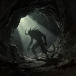 a dark cave opening with a light inside the cave and a twisted shadow creature casting shadows, matte painting, artstation, Greg Rutkowski, 4k, dramatic