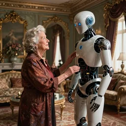 VFX movie of old woman helping sleek futuristic robot in a decadent living room by Emmanuel Lubezki