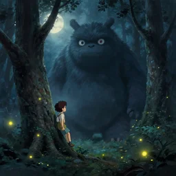 a small boy leaning on a tree encounters a giant furry one - eyed monster in a misty moonlit forest, painting by studio ghibli. surrounded by fireflies, cinematic lighting, trending on cgsociety - c 1 0