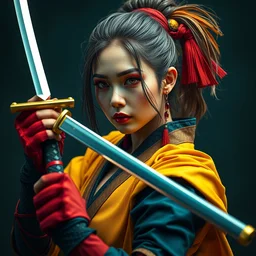 photorealistic portrait of a fighting, beautiful, arrogant, female samurai warrior, holding katana sword in left hand, holding katana sword in right hand, goth punk, vibrant yellow, red, blue, colors, surreal, a french baroque by by alexander mcqueen, octane render, hyper detailed, cinematic lighting