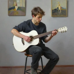 oil painting of a young man sitting on a stool and playing a white guitar, in a room with grey walls, canvas paintings on the wall