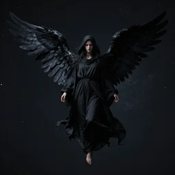 dark cloaked angel with long black garments and beautiful black wings floating in the void of space, surrealistic, matte painting