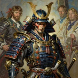 portrait of a dieselpunk demonic samurai greg manchess, painting by sargent and leyendecker, ghibli studio, asymmetrical intricate elegant illustration hearthstone, by greg rutkowski, by greg tocchini, by craig mullins
