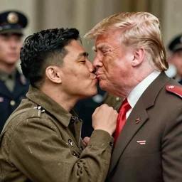 a wwii us propaganda portrait of kim jong - un kissing donald trump by rei kamoi and dan mumford