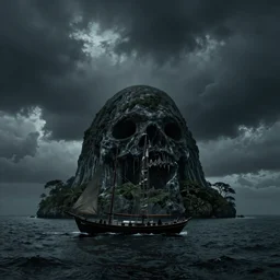 realistic photo of a 1 9 2 5 seiner sailing near a small tropical skull shaped island, dark, brooding, atmospheric, lovecraft, horror, smooth, epic, highly detailed, cinematic, by clyde caldwell