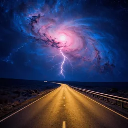 a golden road highway winding through a nebula, pink light and lightning on the horizon by peter elson and jack gaughan and delphin enjolras, psychedelic, blue mood, blue light