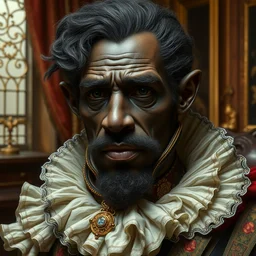close up, halfling black - skin! man, extravagant baroque clothes, alone in his mansion, head and torso portrait by dave dorman and johan grenier