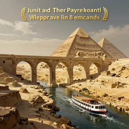 Concept art, an elevated overflowing roman viaduct, containing a canal boat, over a post-apocalyptic pyramids of Giza