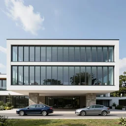 elevated white building with large continuous horizontal windows with black mullions atop two stone piers, villa savoie, farnsworth house, modern, double cantilevered, overhang, cars driving underneath