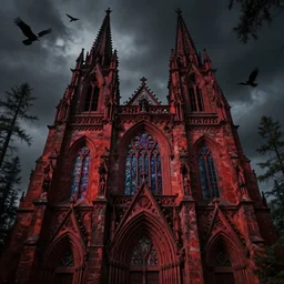 physically based octane render of a epic dark gothic cathedral with tall spires made of hard red rock, gothic architecture, large windows, bloodborne cathedral, stained glass windows, gothic cathedral, GOTHIC cathedral, bristlecone pine trees, ultrawide cinematic, dark dramatic skies, atmospheric, vultures
