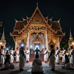 a footage of a view of a thai temple with a horror 1 ghost exorcism by multiple shaman in white cloth in thai temple, night scene with flash, scene, highly detailed, still shot from movie