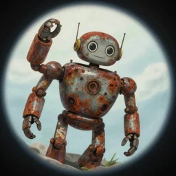 memorable animation key shot, fish eye lens, the rusty robot schwerer gustav!!!! sinking into lava, underlighting, light from below, glowing lava lake, illumination from underneath, studio ghibli, pixar, disney concept art watercolor illustration by craig mullins, dean cornwell, nc wyeth, satoshi kon!