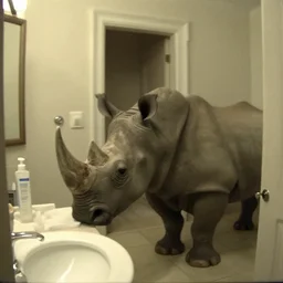 a rhinoceros in a neoclassical bathroom, by mini dv camera, very low quality, heavy grain, blurry, caught on trail cam