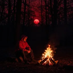a dark photo of a man in a red hoodie sitting next to a campfire in a dark red forest, night time, red sun in the background, low contrast