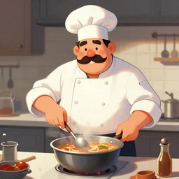 A chef with a big mustache proundly making a soup, digital painting, artstation, concept art, Craig Mullins,