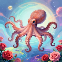 a digital painting of an octopus!!!!!! floating in a bright colorful space ocean surrounded by roses!!!!!!, cel shaded illustration, graphic novel, sharp focus, retro futuristic, 8 k, highly detailed, lovecraftian by skottie young