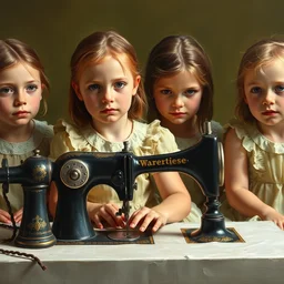 five little girls sitting at a sewing machine, fine art, oil paint, muted olive background, highly detailed, close up face, bright, in jan vermeer style