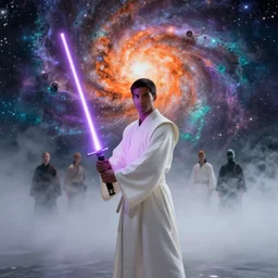 a jedi in white robes holding a purple lightsaber, spirit plane of nebula and fog mist, orange purple turquoise by wayne barlowe, by james jean, by paul lehr, by michael whelan
