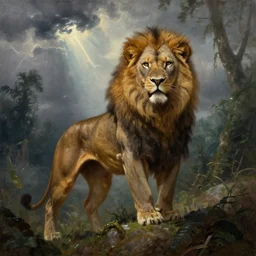 muscular lion as barbarian with sword  , very textured detailed oil painting panoramic portrait by rembrandt,  dramatic clouds, thunder in the foggy jungle  ,sun rays through trees