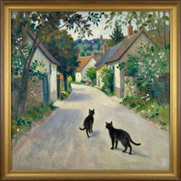 vintage beautiful painting of cats on a village street in Mary Cassatt style