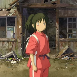 watercolor painting of chihiro spirited away, dilapidated, run down, trashy ambient lighting and shadows