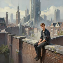 a young man sitting on the edge of a walled sci fi city inspired by amsterdam, digital painting, concept art, trending on artstation, matte painting, highly detailed, art by greg rutkwowski and artgerm craig mullins