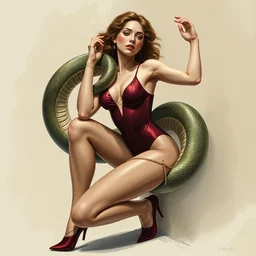 a girl in dancer heels and burgundy bodysuit entwined with a python snake. highly detailed, digital painting, watercolor, soviet realism, engraving, artstation, concept art, smooth, sharp focus, vivid grunge, manga, illustration, unreal engine 5, 8 k, art by bilibin and kilian eng and kuvshinov and malevich and mucha