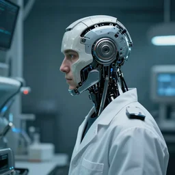 a laboratory operator man with cybernetic enhancements seen from a distance, 1 / 4 headshot, scifi character portrait by greg rutkowski, craig mullins, daytoner, cinematic lighting, dystopian scifi gear, profile picture, mechanical, cyborg, half robot