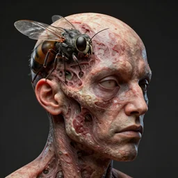 human head mutation into an insect head, meaty, photoreal, unreal engine, intricate detailed, by zdzisław beksinski