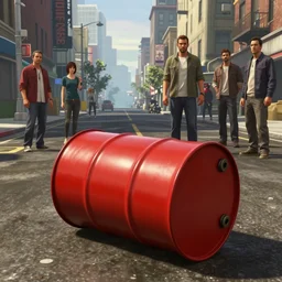 red oil - drum with a pack of dynamite on it's side in gta v, in a empty street of new york, stephen bliss, unreal engine, fantasy art by greg rutkowski, loish, rhads, ferdinand knab, makoto shinkai and lois van baarle, ilya kuvshinov, rossdraws, tom bagshaw, global illumination, detailed and intricate environment