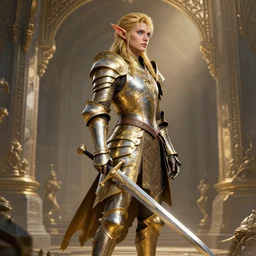 standing elf profile portrait with armor in golden and silver colors and a curve long sword, full body, detalles face, blue eyes, epic masterpiece of cinematographic hyperrealism, realistic shaded lighting poster by craig mallismo, artgerm, jeremy lipkin and michael garmash, unreal engine, radiant light, detailed and intricate environment, digital art, art station trends
