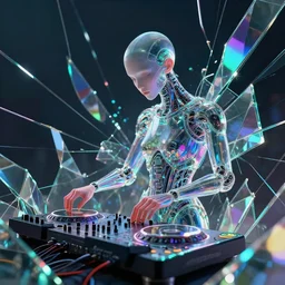 vaporwave cyborg dj made of fractured glass, multi colors, prisms, mirrors, reflections by wagner kuroiwa, trending on artstation, dramatic lighting, octane render, weta digital, micro details, 3 d sculpture, structure, ray trace, insane details, intricate, elite, ornate, elegant, octane, hyper detailed, trending on deviantart,