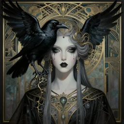 breathtaking detailed concept art painting art deco portrait of a goth goddess amalgamation raven, by hsiao - ron cheng, bizarre compositions, exquisite detail, extremely moody lighting, 8 k