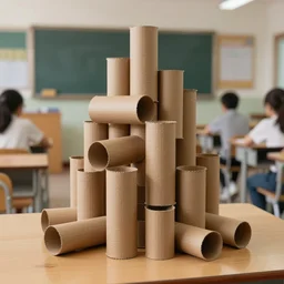 sculpture made out of cardboard pipes, photorealistic, 4 k, canon 1 d, classroom in background