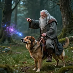 gandalf riding on a dog casting magic